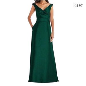 Alfred Sung dress D811s off the shoulder draped wrap satin maxi green size 2